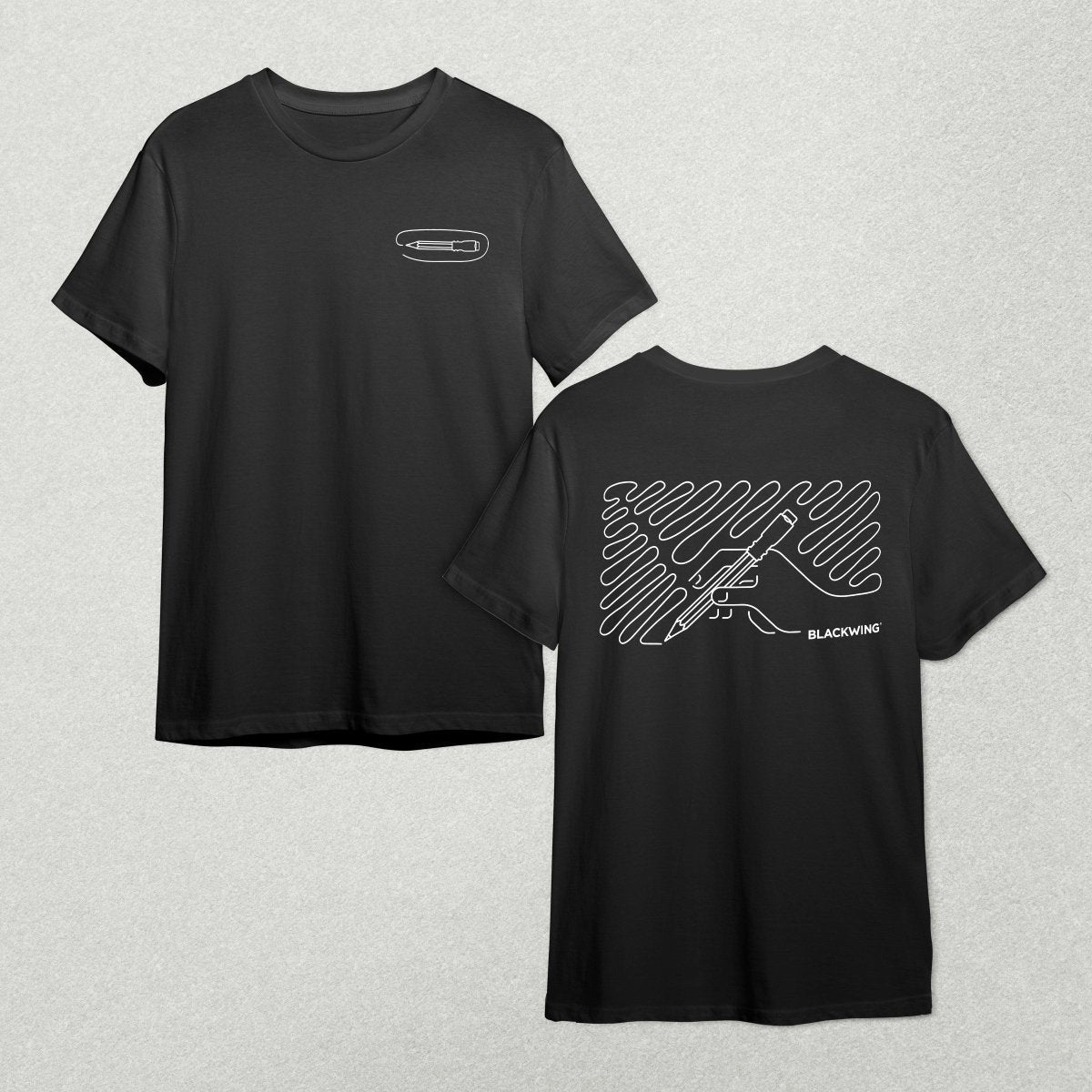 A Blackwing "Scribble" black t-shirt with a white line design.