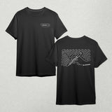 A Blackwing "Scribble" black t-shirt with a white line design.