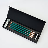 Blackwing Pencil Essentials Set with 4x Matte Green pencils, silver one-step sharpener, and silver point guard