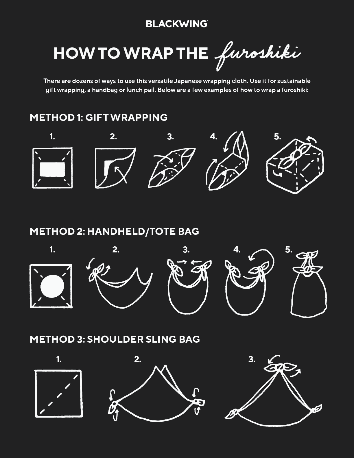 Learn the traditional Blackwing Furoshiki method for wrapping your fanny pack in an eco-friendly way.
