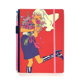 A Blackwing Artist Series Slate Notebook with Leslie Hung's art - notebook is red with a girl holding a bouquet of flowers. Comes with pink pencil with blue eraser.