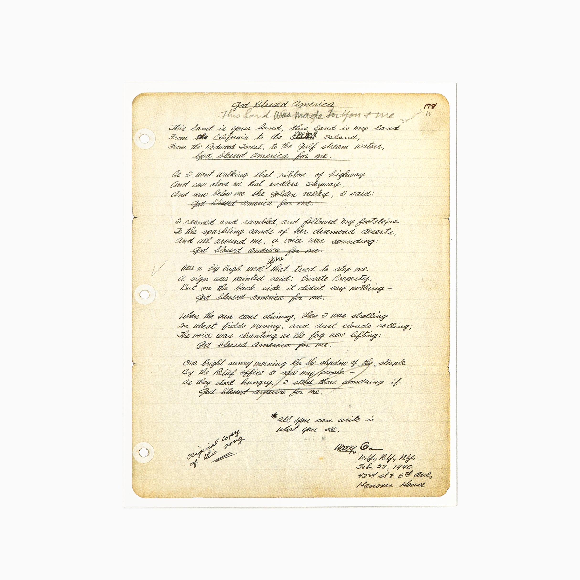 Blackwing Volume 223 Postcards - Woody Guthrie Hand Writen "This Land is Your Land" Lyrics
