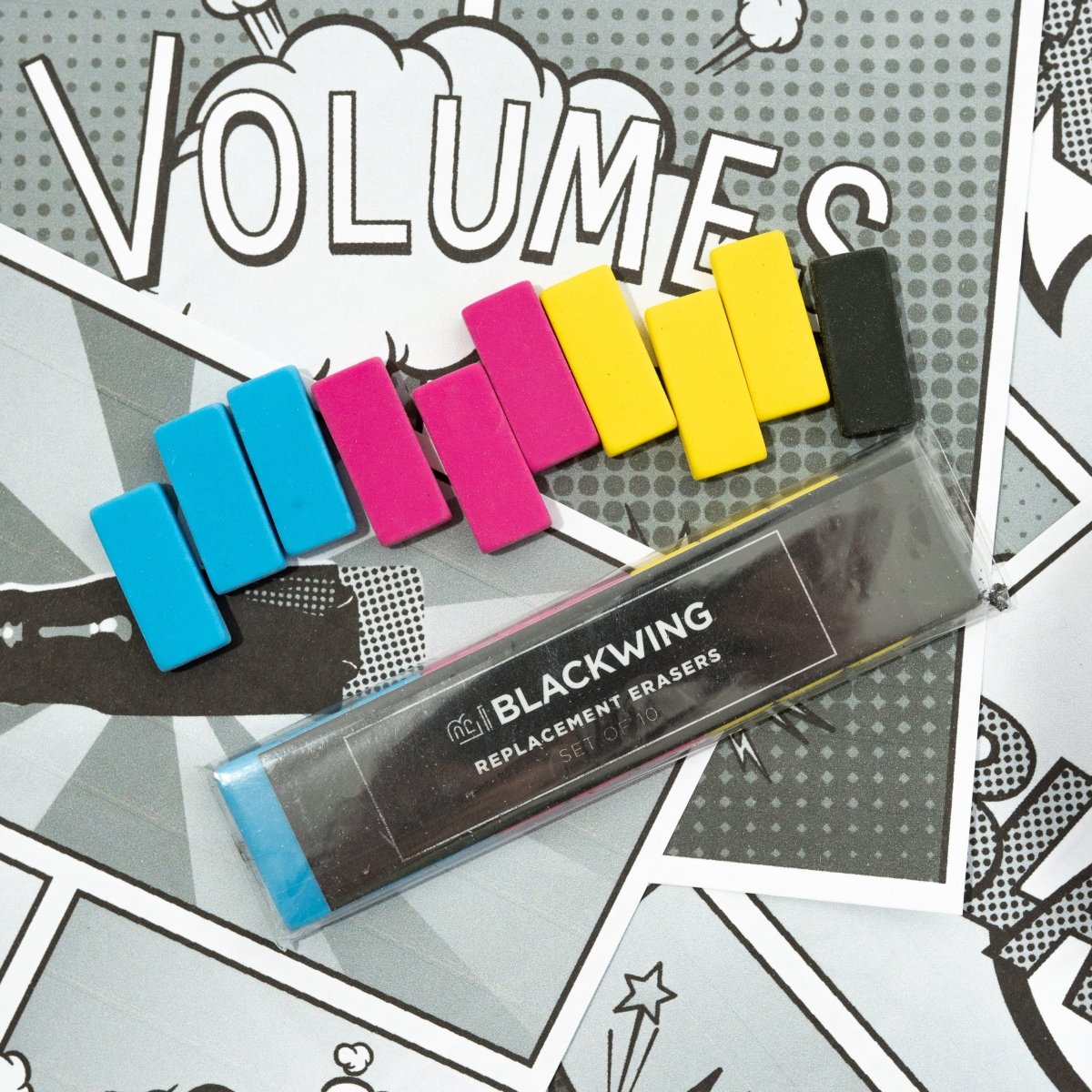 Blackwing Volume 64 Replacement Erasers in blue, pink, yellow, and black Blackwing Volume 64 Replacement Erasers in blue, pink, yellow, and black