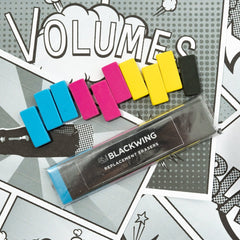 Blackwing Volume 64 Replacement Erasers in blue, pink, yellow, and black Blackwing Volume 64 Replacement Erasers in blue, pink, yellow, and black