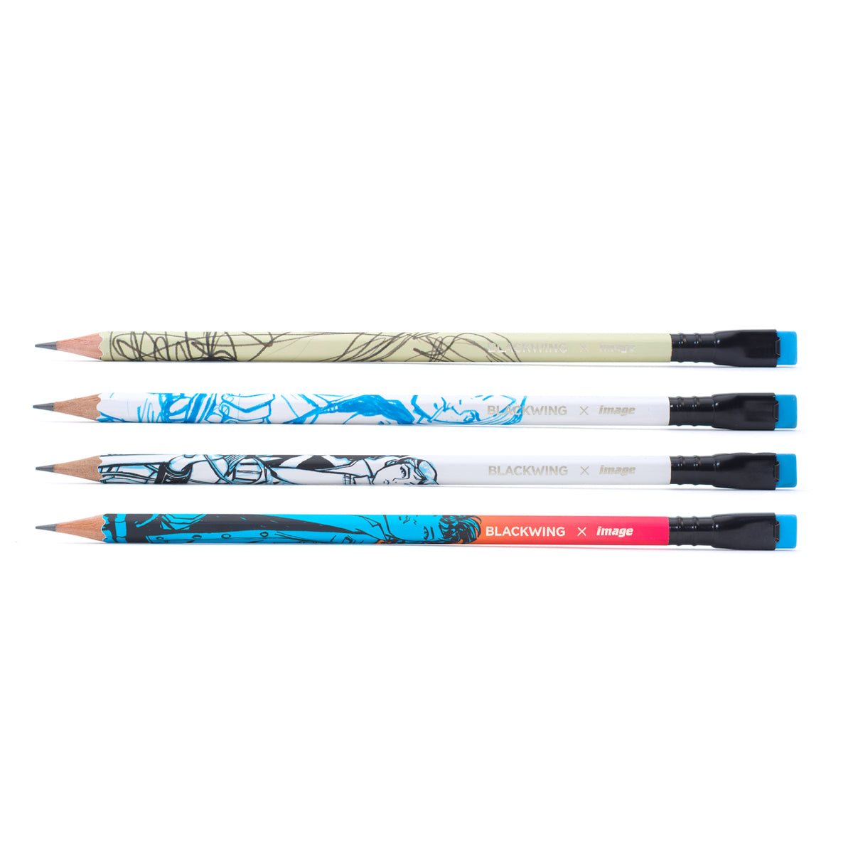 Four Blackwing x Image Comics (Set of 12) pencils with unique designs.