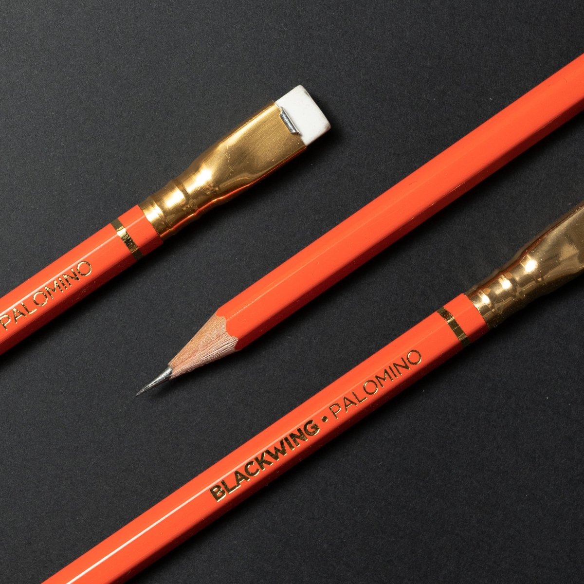 Blackwing Palomino pencils, orange barrel, gold imprint, gold ferrule, white eraser Blackwing Palomino pencils, orange barrel, gold imprint, gold ferrule, white eraser