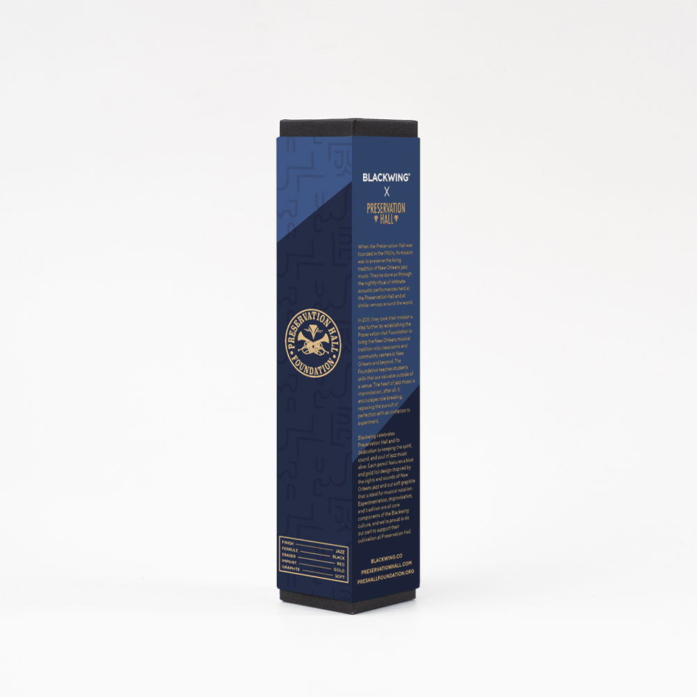 Blackwing X Preservation Hall pencils in a blue and navy package with gold writing Blackwing X Preservation Hall pencils in a blue and navy package with gold writing