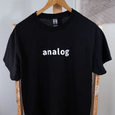 black cotton t-shirt with the word analog on it