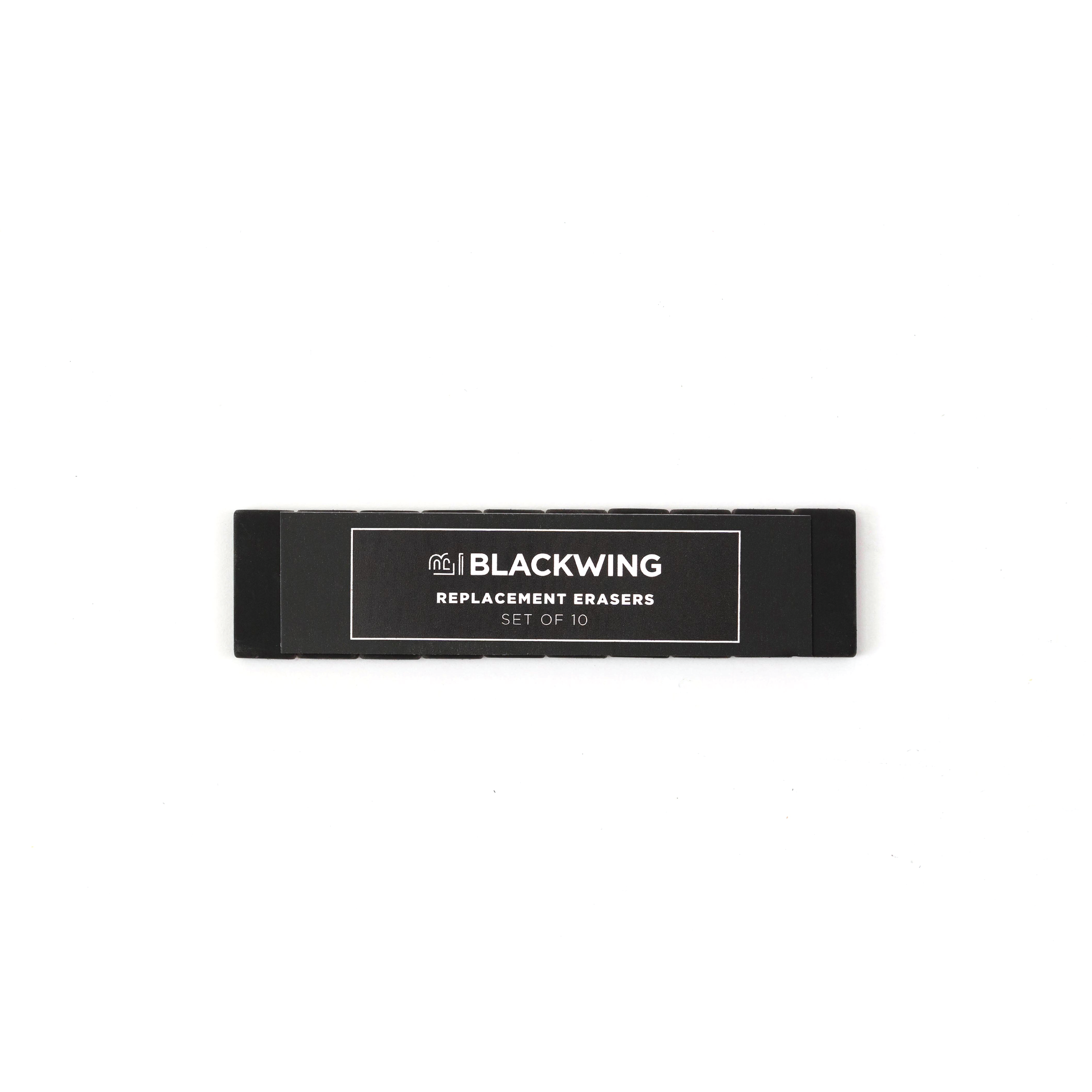 A black and white bar with the words Blackwing Volume 651 Black Replacement Erasers on it, perfect for fans of Blackwings.