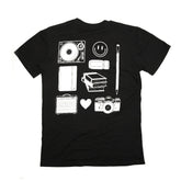 Blackwing Doodle Shirt in Black - Back of shirt with white screen-printed graphics (record player, smiley face, camera, speaker, heart, books, eraser, pencil, and notebook)