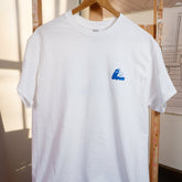 white slow-down t-shirt with blue screen printed snail on left breast