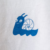 A white "Slow Down" t-shirt with a blue snail design.