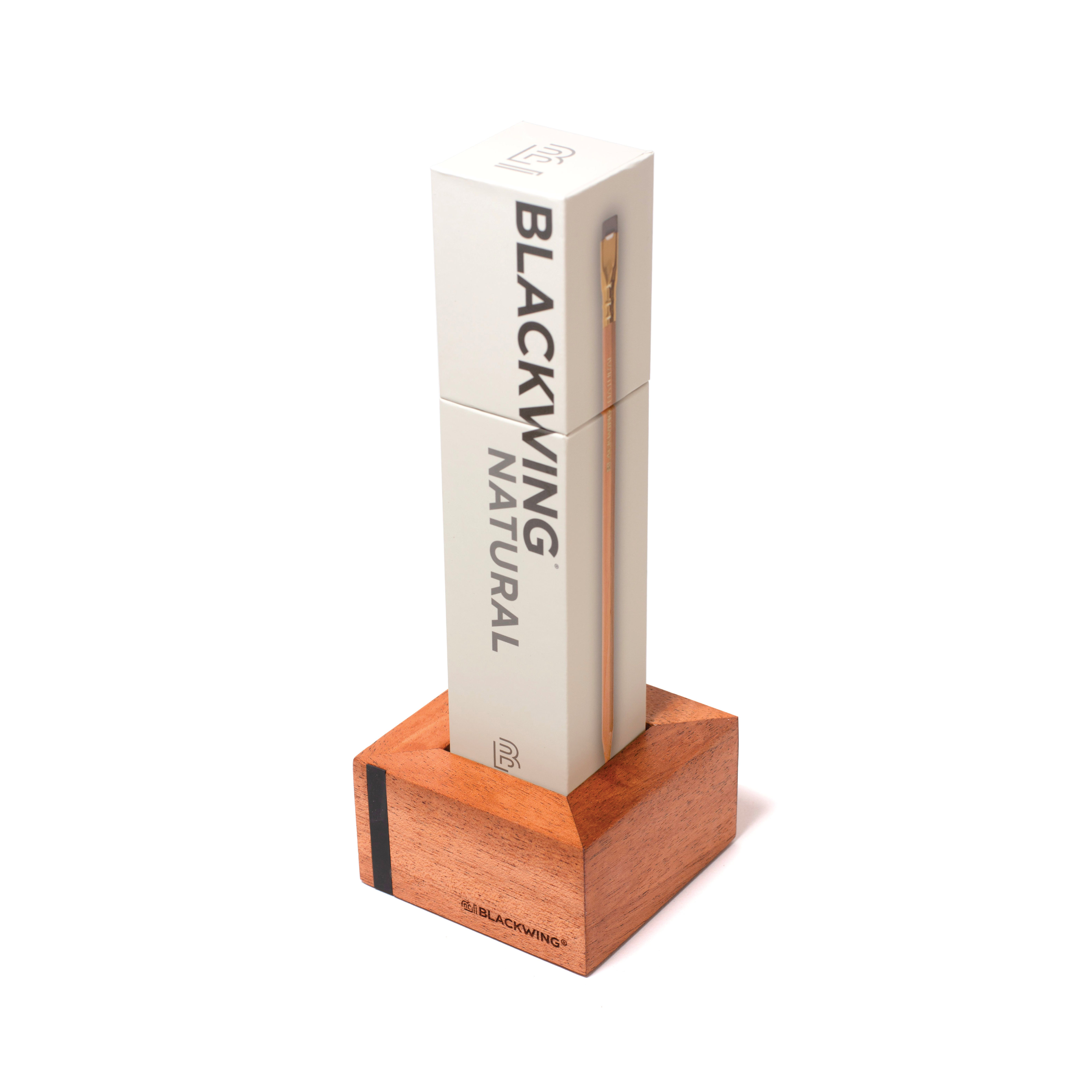 A wooden pencil box with the word Blackwing Upright Box Display displayed on it.