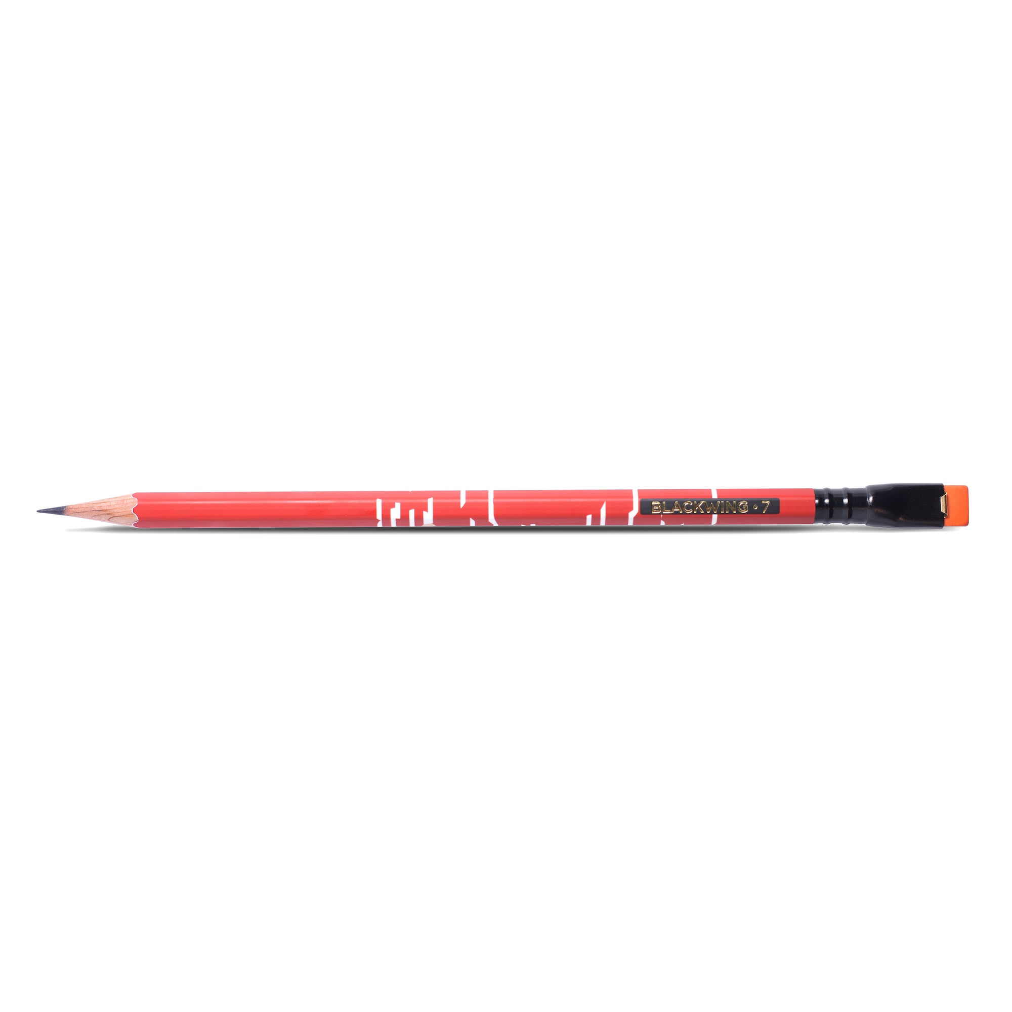 A Blackwing Volume 7 (Set of 12) pencil with red writing, ideal for sketching or note-taking.