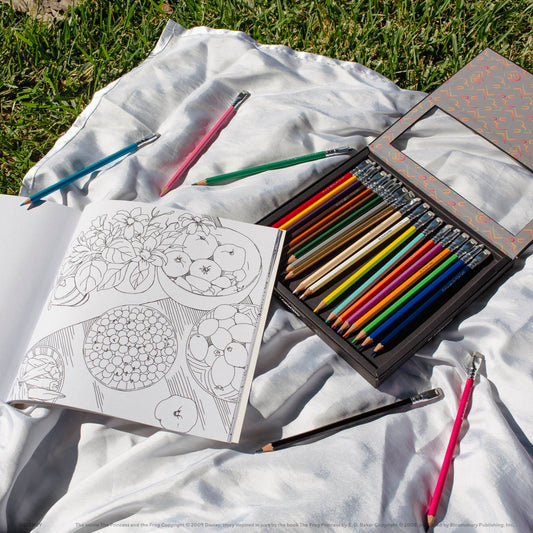 Blackwing Colors 24-pack colored pencils on a blanket outdoors with a coloring book on the grass.