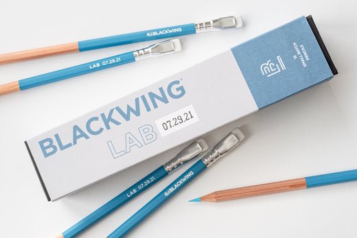 Blackwing Lab 07.29.21 pencils, part light-blue & part natural barrel with silver ferrule and white eraser
