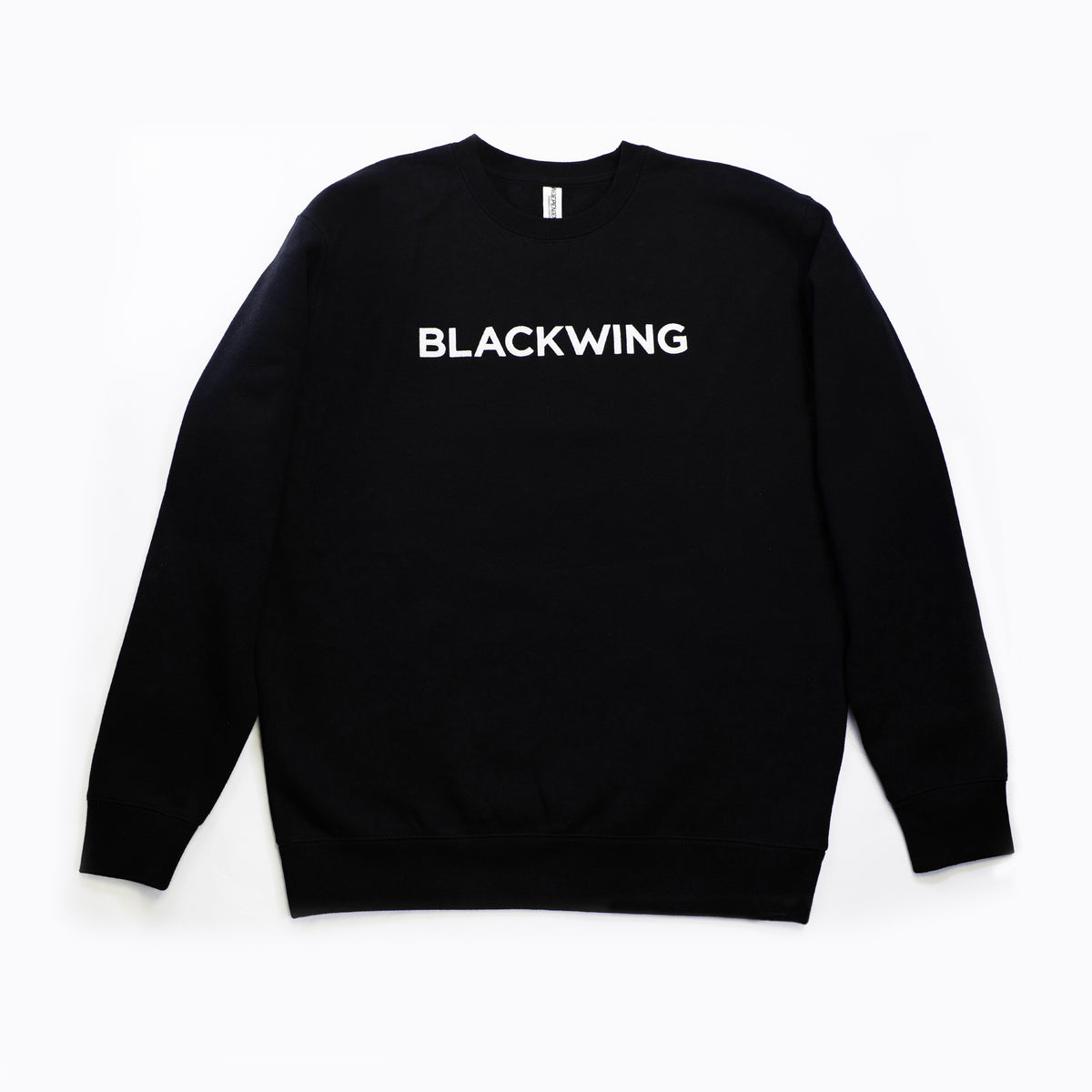 Black crewneck sweatshirt with 'BLACKWING' embroidered in white across the chest.