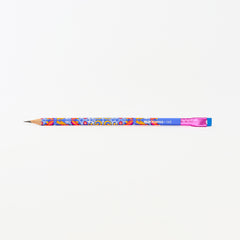 A colorful wooden pencil with a blue body, vibrant multicolor floral pattern, a pink ferrule, and a blue eraser shown horizontally against a plain white background.