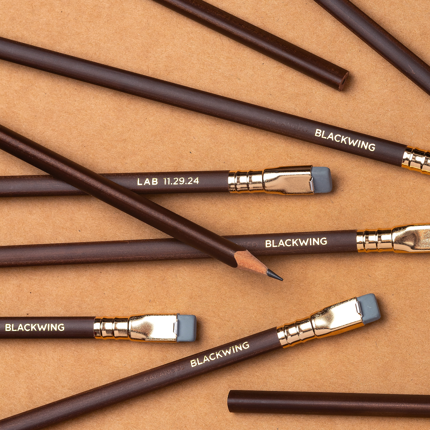 Blackwing 3-sided pencils, brown color, gold imprint, gold ferrule, grey eraser