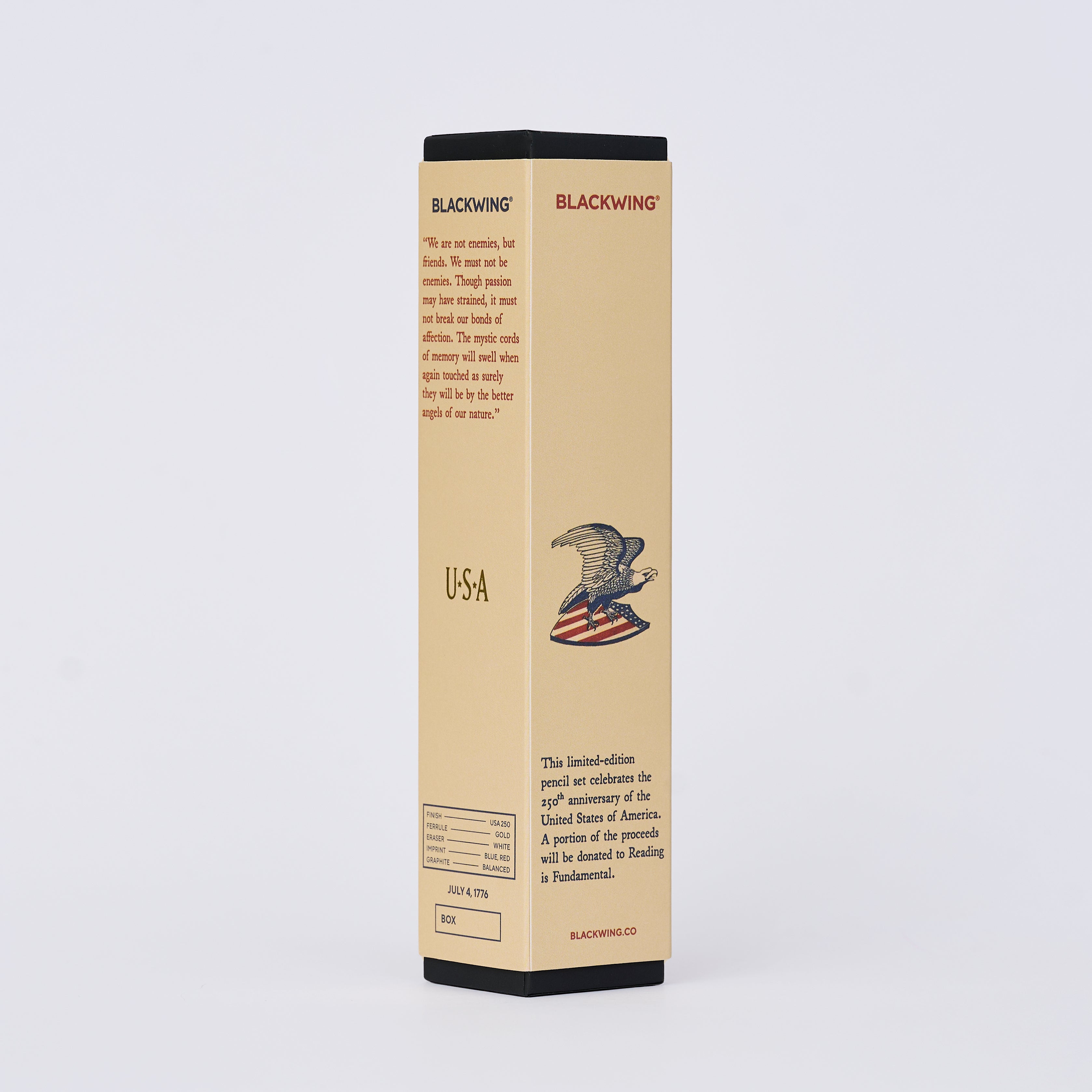 Blackwing pencil box in light tan color with eagle printed on side and quote from Abraham Lincoln