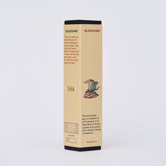 Blackwing pencil box in light tan color with eagle printed on side and quote from Abraham Lincoln
