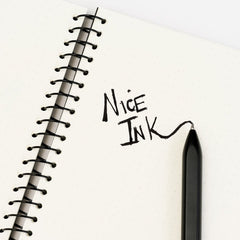 "Nice Ink" written in a spiral notebook with a black ink pen