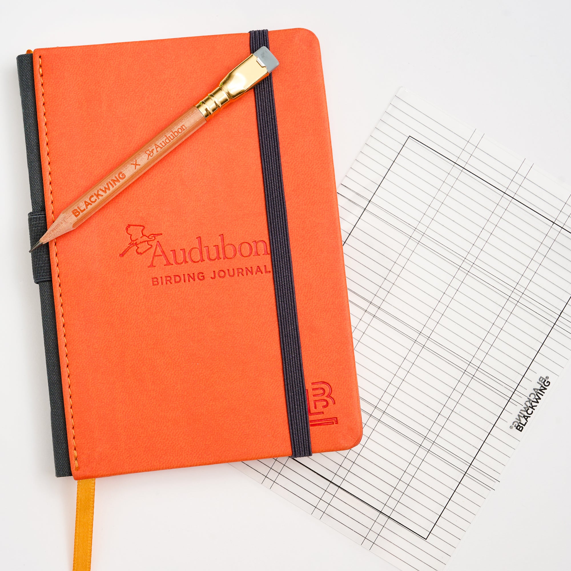 An orange Audubon birding journal with a black elastic closure and a wood Blackwing x Audubon pencil resting on top, shown next to a lined paper template on a white background.