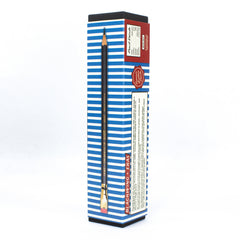 Blackwing Eras pencil packaging with blue and white horizontal stripes, showing a vertical pencil pencil on one side, and details on the other in cream and white.