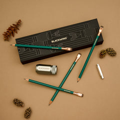 Blackwing Pencil Essentials Gift Set with Red Green pencils, silver one-step sharpener, and silver point guard