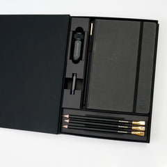 Blackwing Notebook Essentials Set with black hardcover notebook, 4x Matte pencils, black one-step sharpener, and black point guard