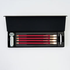 pencil set with 4 Matte Red pencils, a silver one-step sharpener, and a silver point guard all in a black gift box