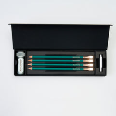 pencil set with 4 Matte Green pencils, a silver one-step sharpener, and a silver point guard all in a black gift box