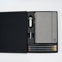 Blackwing Notebook Essentials Set with grey hardcover notebook, 4x 602 pencils, silver one-step sharpener, and silver point guard