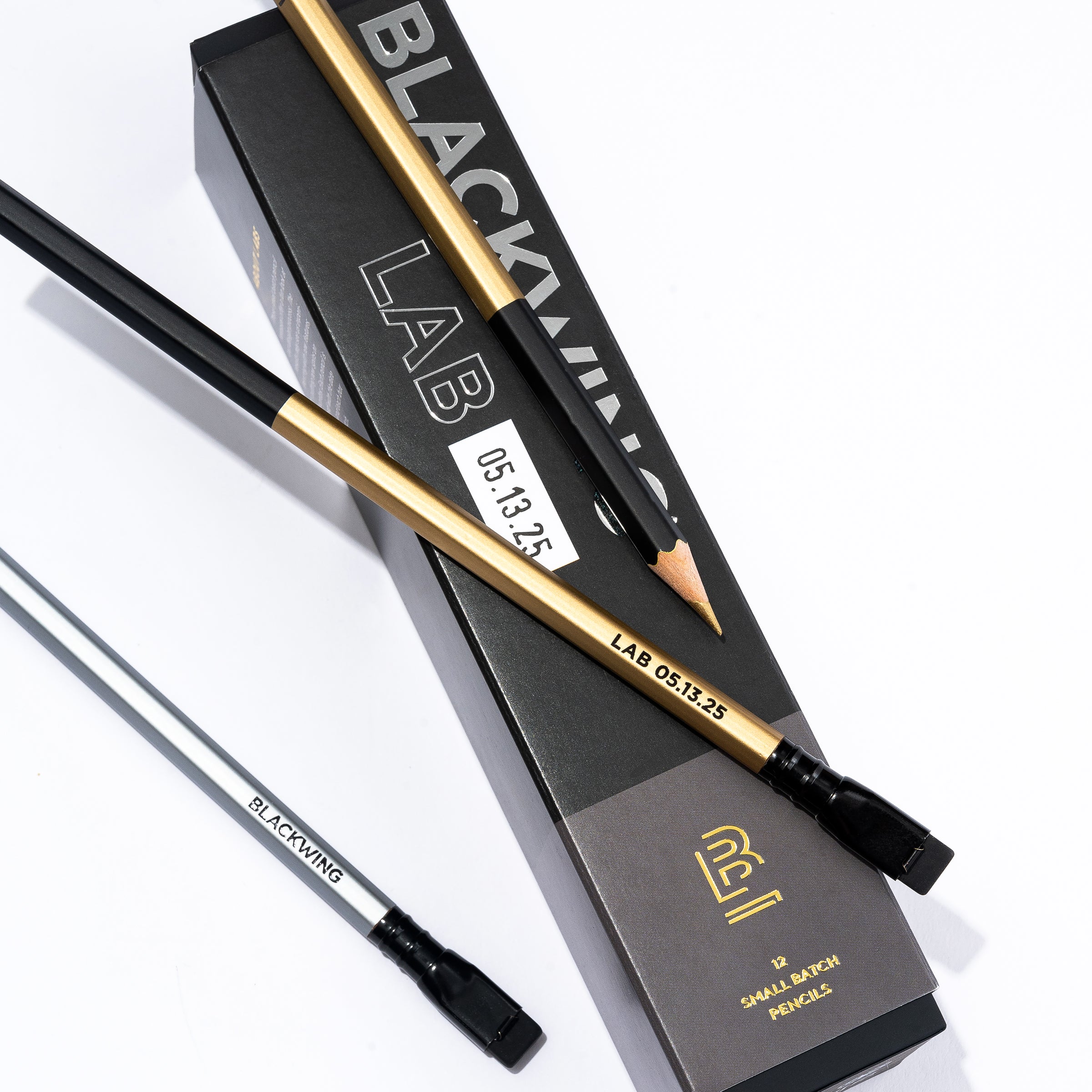 Blackwing Lab 05.13.25 Pencils in metallic gold and silver with packaging