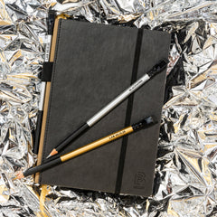 Blackwing Lab 05.13.25 Black Paper Hardcover Notebook with gold and silver Lab 05.13.25 pencils