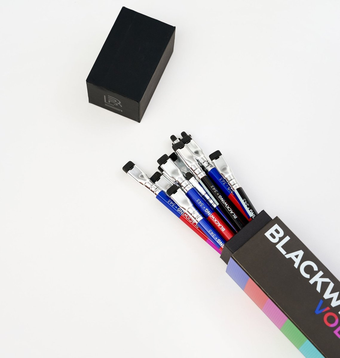 Blackwing volume 343 pencils, a tribute to broadcast television, laying in an opened box on a white background