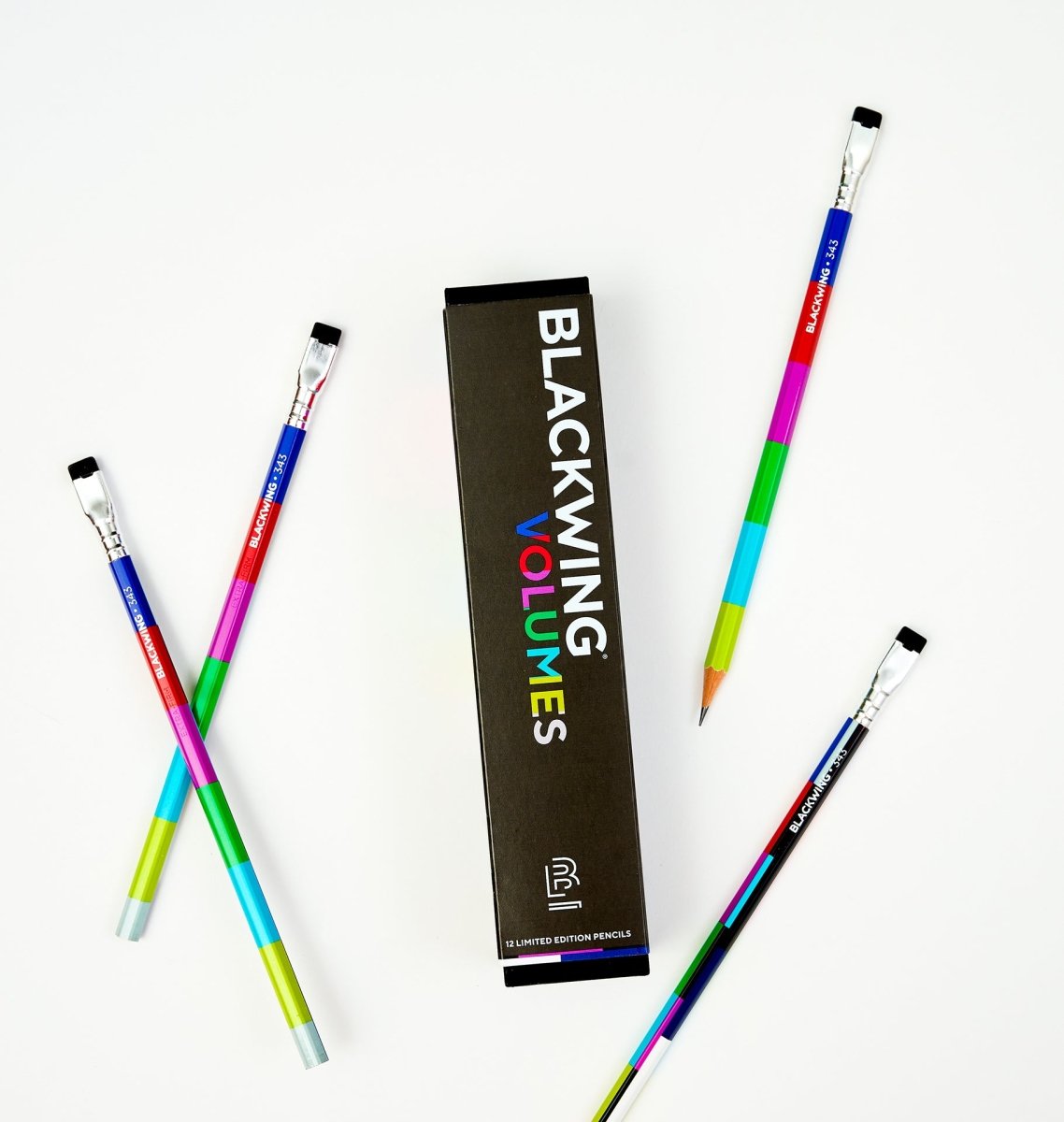 Blackwing Volume 343 pencils with colorful design and packaging on a white background