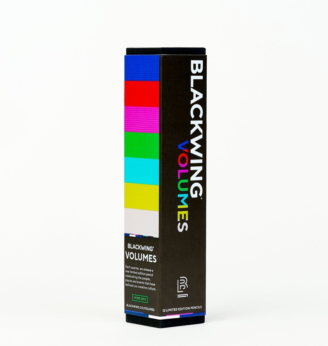 Blackwing Volume 343 pencil box with colorful stripes on a white background