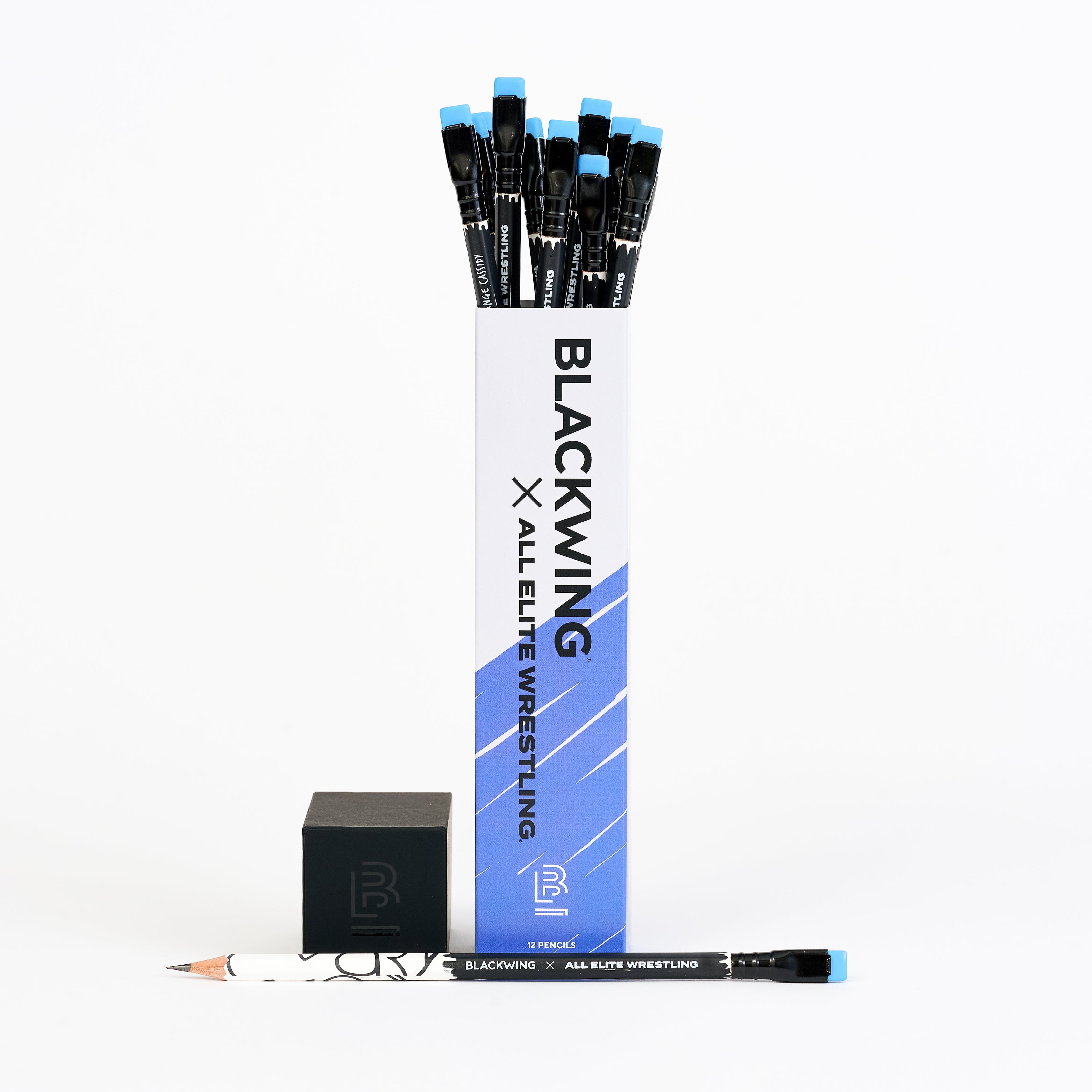 Blackwing x AEW Pencils inside of the packaging with the lid off