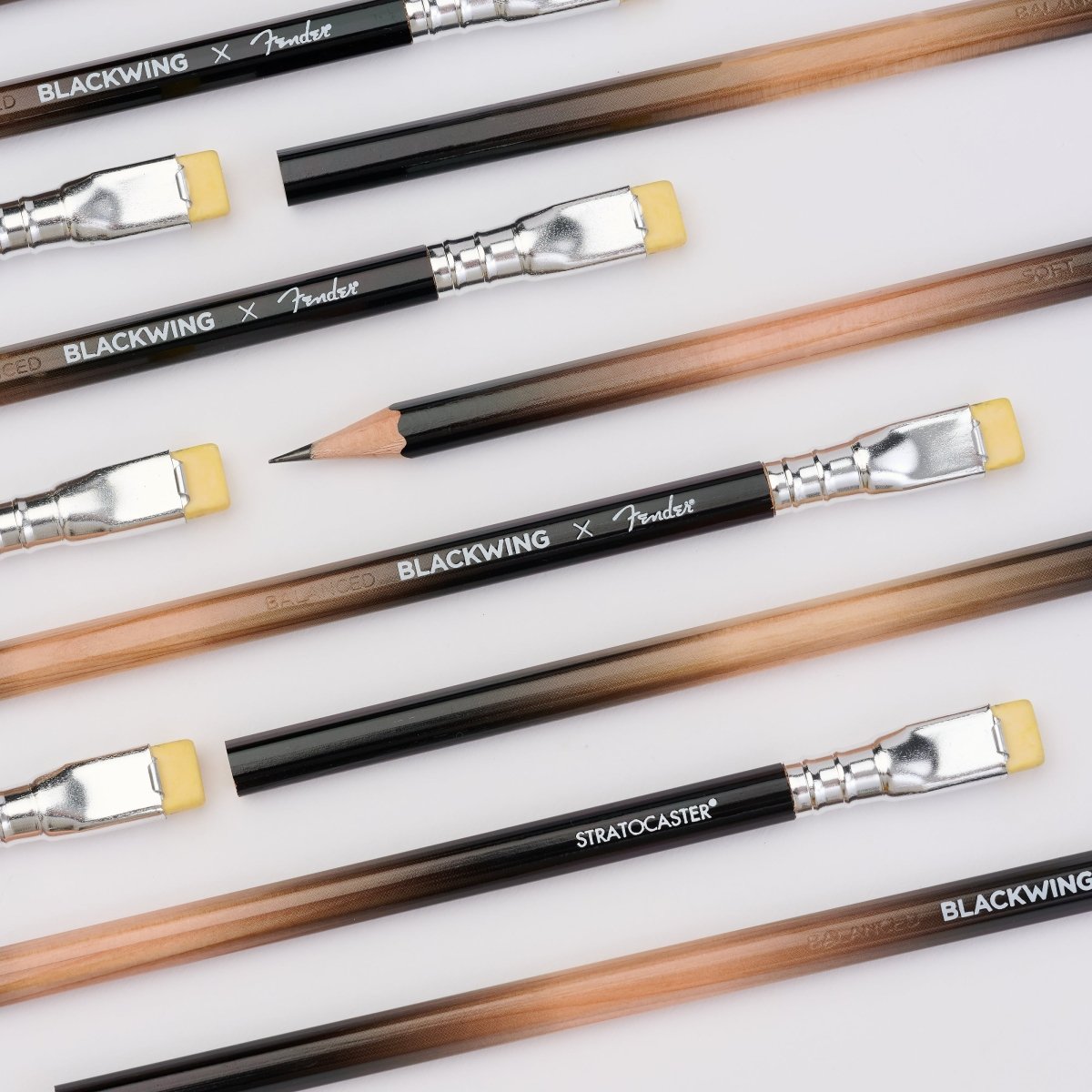 Blackwing x Fender pencils, featuring the sunburst stratocaster colorway (black and natural wood)