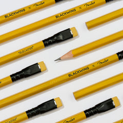 A set of yellow Fender Telecaster x Blackwing pencils arranged diagonally on a white background, with one pencil showing its sharpened graphite tip.