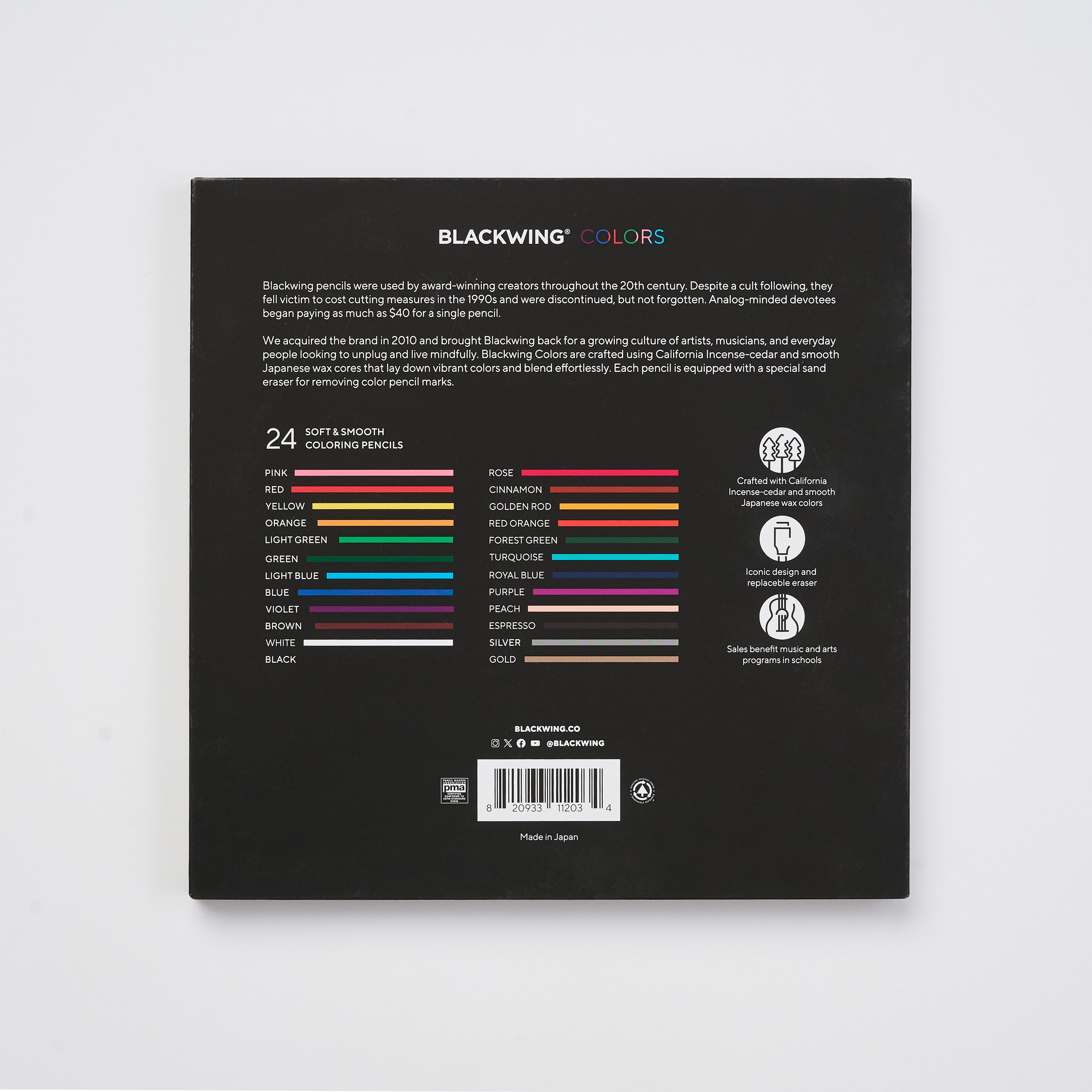 Back of a Blackwing pencil packaging with color swatches and text on a white background