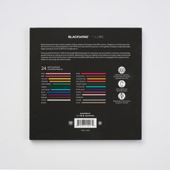 Back of a Blackwing pencil packaging with color swatches and text on a white background