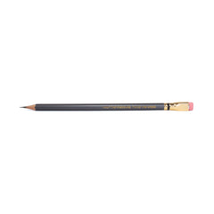 A dark gray wooden pencil with gold lettering and a pink eraser, shown horizontally on a plain white background. Imprint says "HALF THE PRESSURE, TWICE THE SPEED"