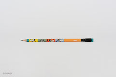 A Blackwing Disney pencil with a colorful cartoon pattern of Goofy on an orange barrel, featuring a black ferrule and a blue eraser, set against a plain light gray background.