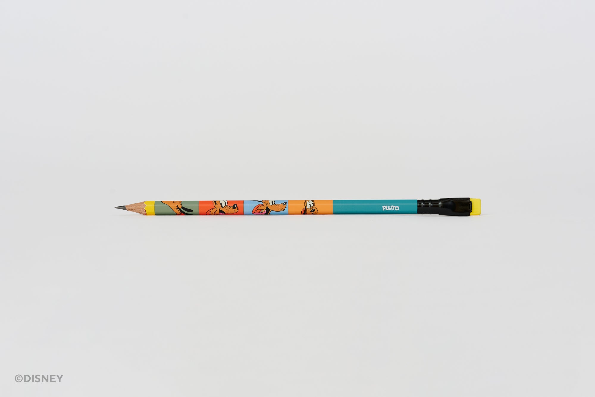 A single pencil with a colorful Disney Pluto character graphic pattern on its body, a teal upper barrel, a black ferrule, and a bright yellow eraser, shown horizontally against a plain light gray background.