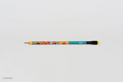 A single pencil with a colorful Disney Pluto character graphic pattern on its body, a teal upper barrel, a black ferrule, and a bright yellow eraser, shown horizontally against a plain light gray background.