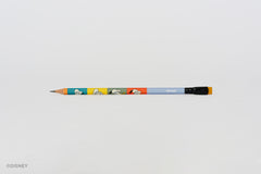 A Blackwing Disney pencil with a light blue barrel, featuring colorful Donald Duck illustrations, a black ferrule, and a mustard yellow eraser, shown horizontally against a plain white background.