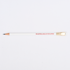 white pencil sharpened on a white background with pencil barrel text in red that says 'THE BETTER ANGELS OF OUR NATURE'.