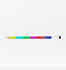 Blackwing Volume 343 pencil, featuring lime green, blue, green, dark pink, red, and blue colorblocking, inspired by the NTSC test pattern and broadcast television. The pencil also has a silver ferrule and black eraser. Laying on a white background.